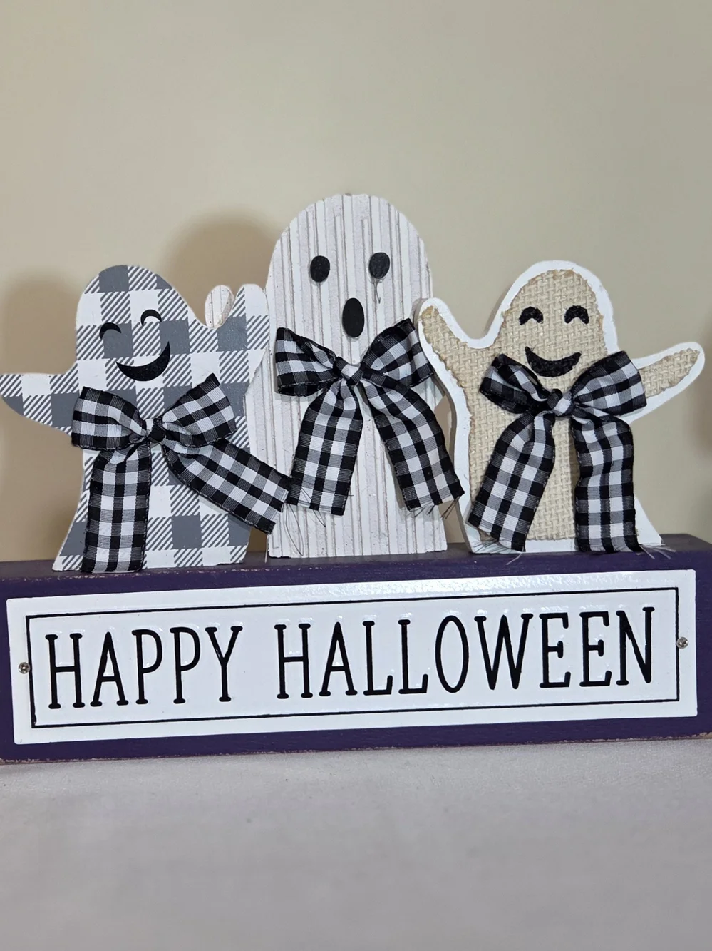 Festive Black & White Ghost Halloween Wood Block Sign Purple, White, And Grey